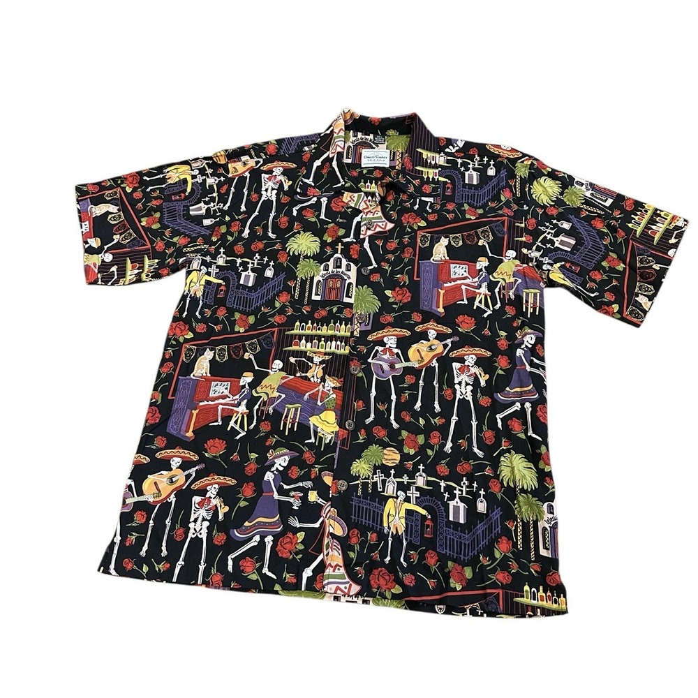 David‎ Carey Camp Shirt Dia De Los Muertos Black Skeletons Day of the Dead Sz L